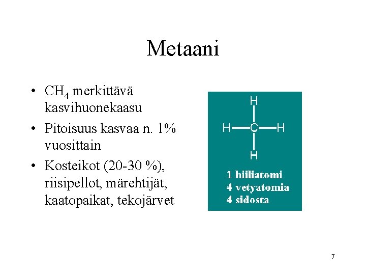 Metaani • CH 4 merkittävä kasvihuonekaasu • Pitoisuus kasvaa n. 1% vuosittain • Kosteikot