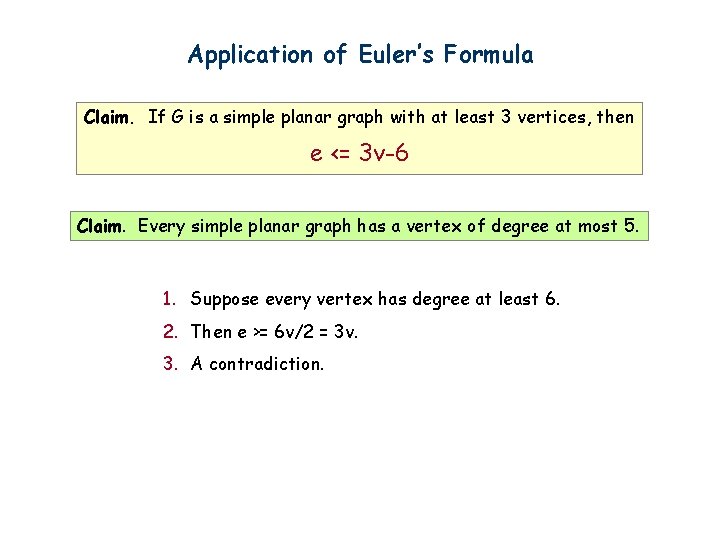 Application of Euler’s Formula Claim. If G is a simple planar graph with at
