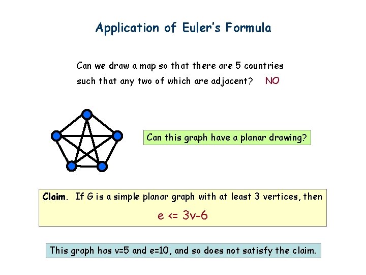 Application of Euler’s Formula Can we draw a map so that there are 5
