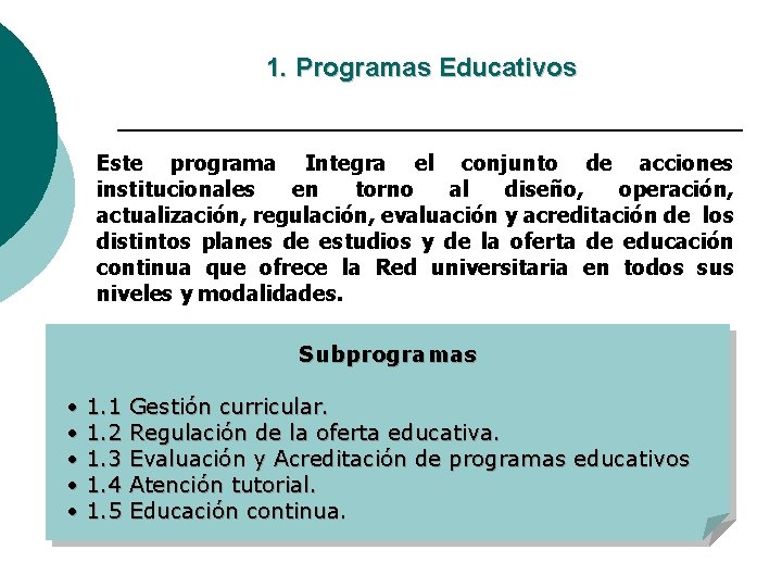 1. Programas Educativos Este programa Integra el conjunto de acciones institucionales en torno al