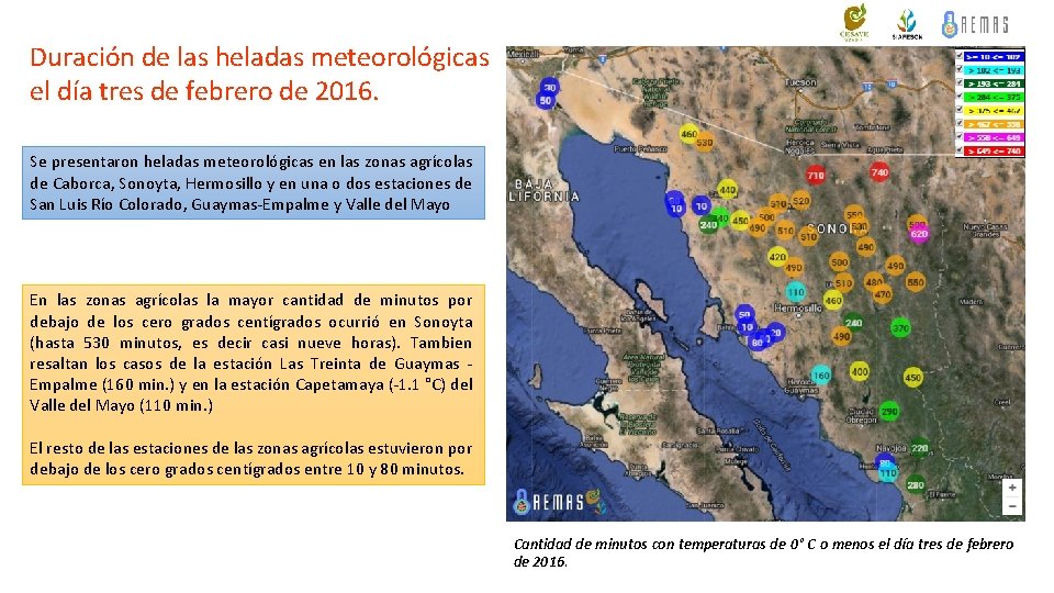 Duración de las heladas meteorológicas el día tres de febrero de 2016. Se presentaron