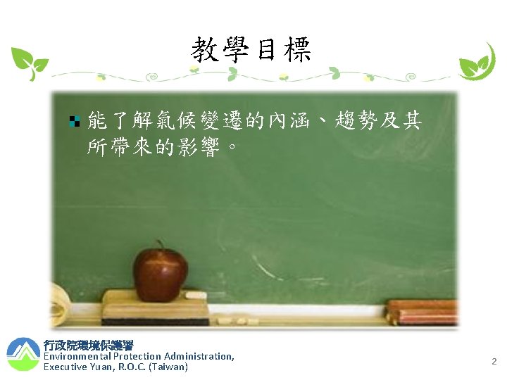 教學目標 能了解氣候變遷的內涵、趨勢及其 所帶來的影響。 行政院環境保護署 Environmental Protection Administration, Executive Yuan, R. O. C. (Taiwan) 2