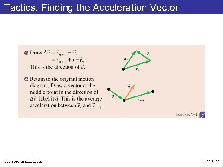 Tactics: Finding the Acceleration Vector © 2013 Pearson Education, Inc. Slide 4 -22 