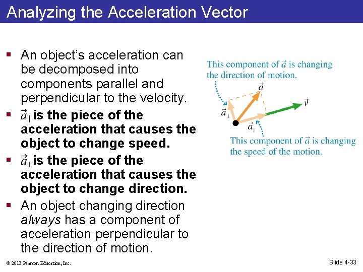 Analyzing the Acceleration Vector § An object’s acceleration can be decomposed into components parallel