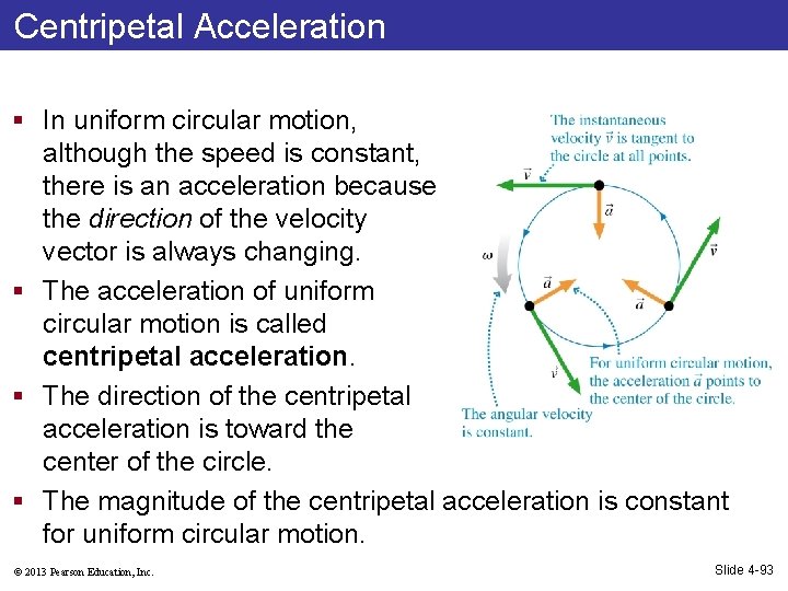 Centripetal Acceleration § In uniform circular motion, although the speed is constant, there is