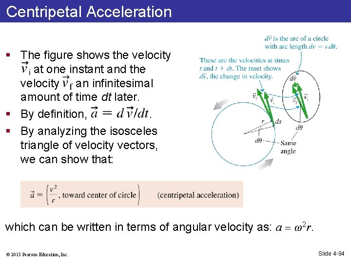 Centripetal Acceleration § The figure shows the velocity at one instant and the velocity