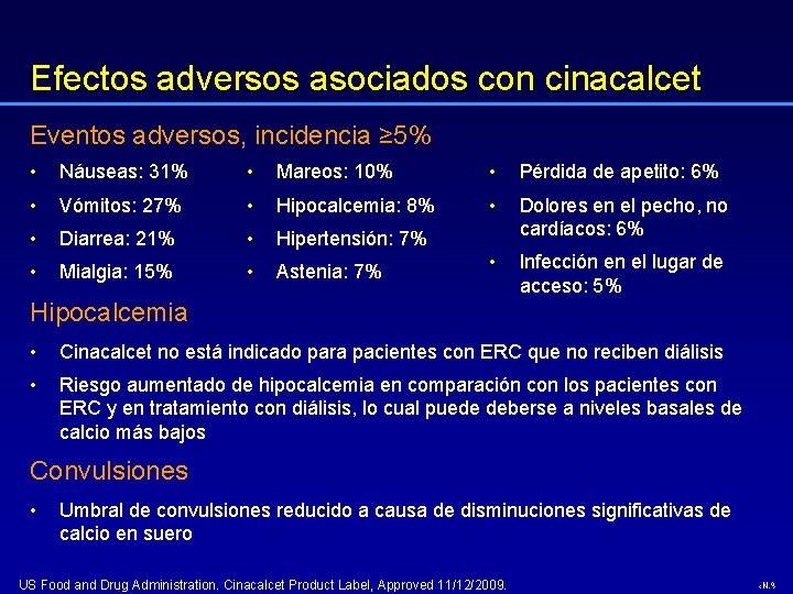 Efectos adversos asociados con cinacalcet Eventos adversos, incidencia ≥ 5% • Náuseas: 31% •