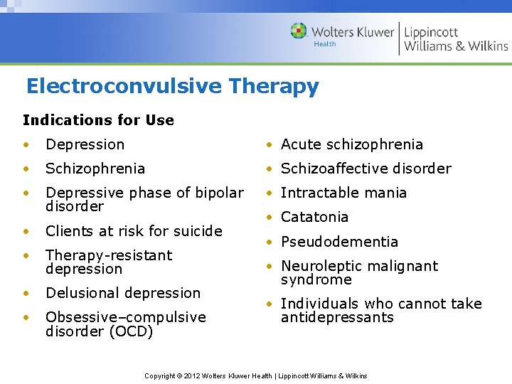 Electroconvulsive Therapy Indications for Use • Depression • Acute schizophrenia • Schizophrenia • Schizoaffective