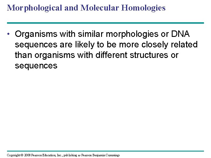Morphological and Molecular Homologies • Organisms with similar morphologies or DNA sequences are likely