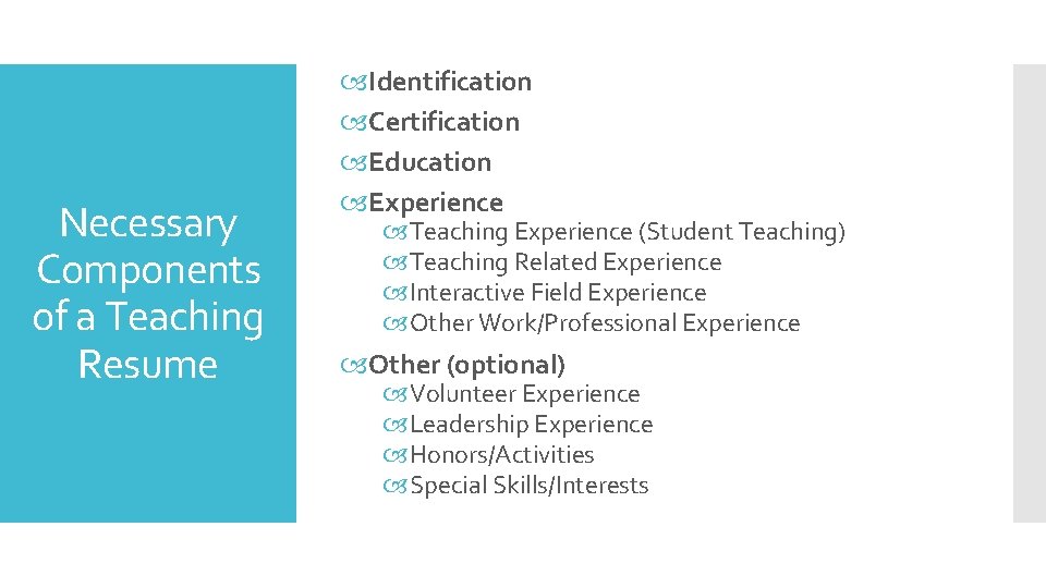 Necessary Components of a Teaching Resume Identification Certification Education Experience Teaching Experience (Student Teaching)