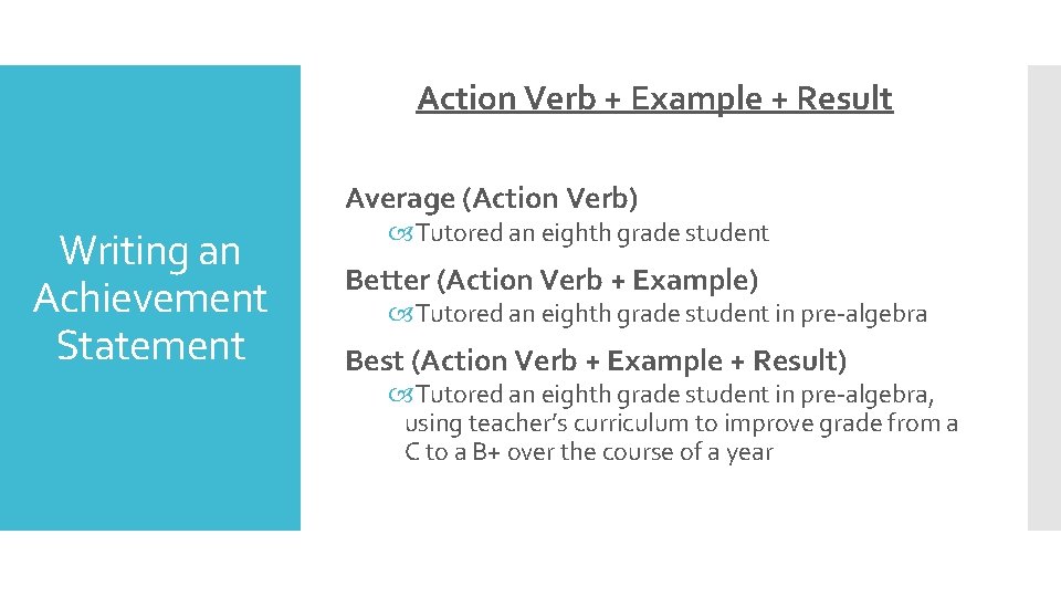 Action Verb + Example + Result Average (Action Verb) Writing an Achievement Statement Tutored