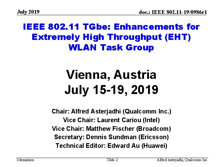 July 2019 doc. : IEEE 802. 11 -19/0986 r 1 IEEE 802. 11 TGbe: