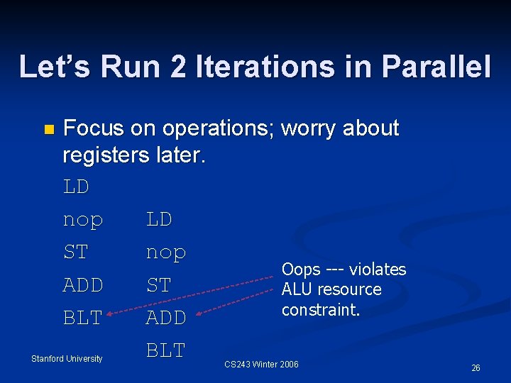 Let’s Run 2 Iterations in Parallel n Focus on operations; worry about registers later.