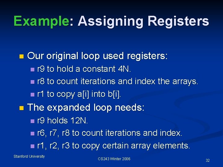 Example: Assigning Registers n Our original loop used registers: r 9 to hold a