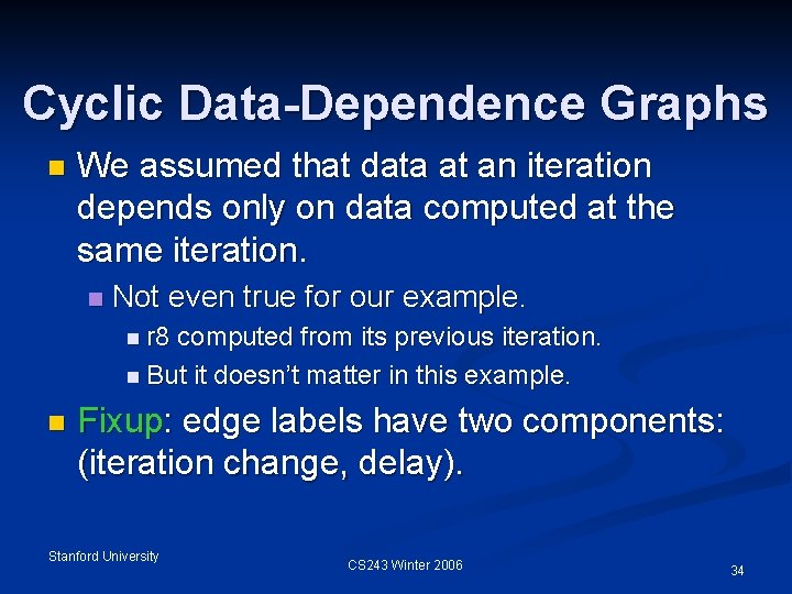 Cyclic Data-Dependence Graphs n We assumed that data at an iteration depends only on