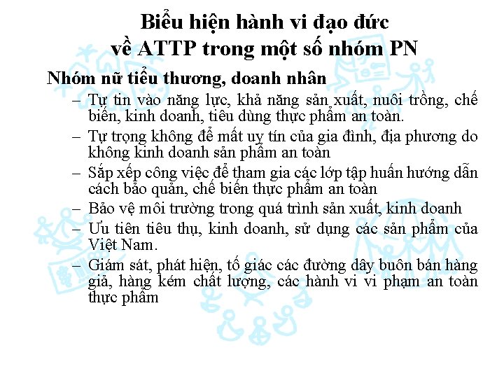 Biểu hiện hành vi đạo đức về ATTP trong một số nhóm PN Nhóm