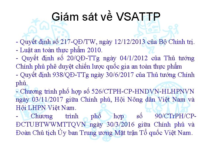 Giám sát về VSATTP - Quyết định số 217 -QĐ/TW, ngày 12/12/2013 của Bộ