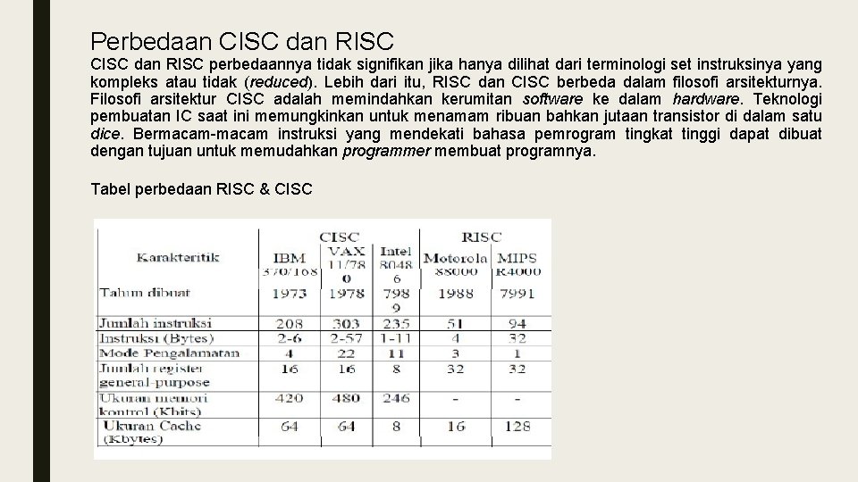 Perbedaan CISC dan RISC perbedaannya tidak signifikan jika hanya dilihat dari terminologi set instruksinya