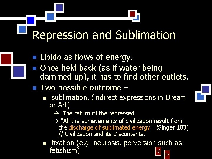 Repression and Sublimation n Libido as flows of energy. Once held back (as if