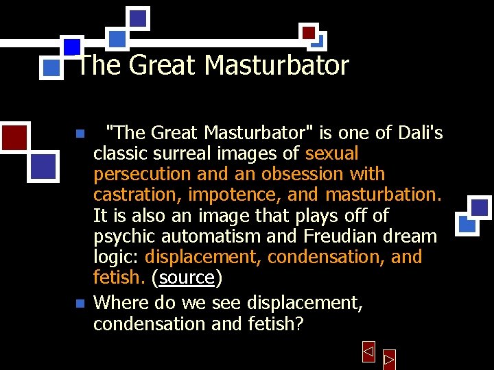 The Great Masturbator n n "The Great Masturbator" is one of Dali's classic surreal