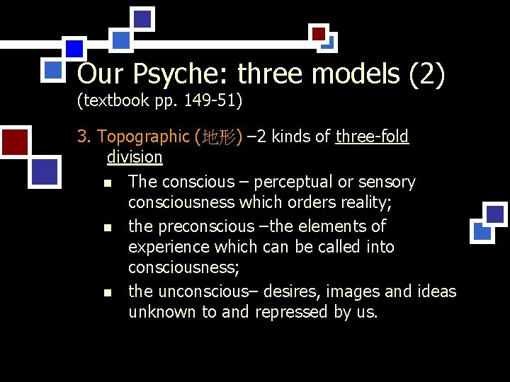 Our Psyche: three models (2) (textbook pp. 149 -51) 3. Topographic (地形) – 2
