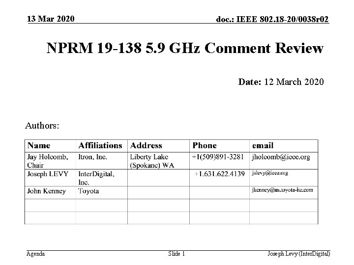 13 Mar 2020 doc. : IEEE 802. 18 -20/0038 r 02 NPRM 19 -138