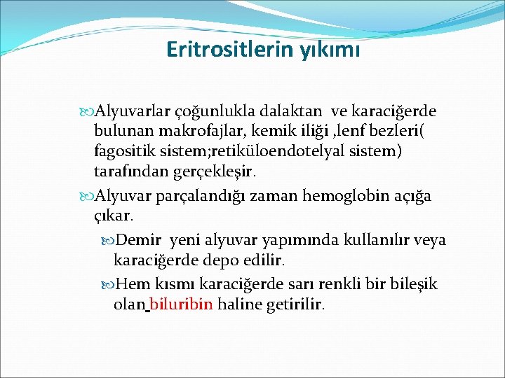 Eritrositlerin yıkımı Alyuvarlar çoğunlukla dalaktan ve karaciğerde bulunan makrofajlar, kemik iliği , lenf bezleri(