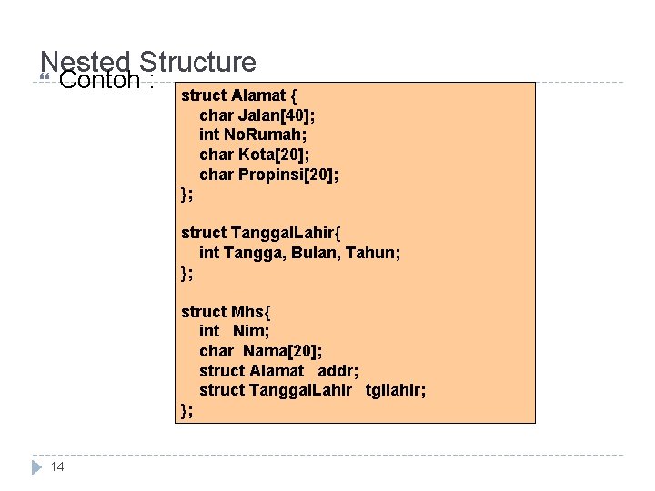 Nested Structure Contoh : struct Alamat { char Jalan[40]; int No. Rumah; char Kota[20];