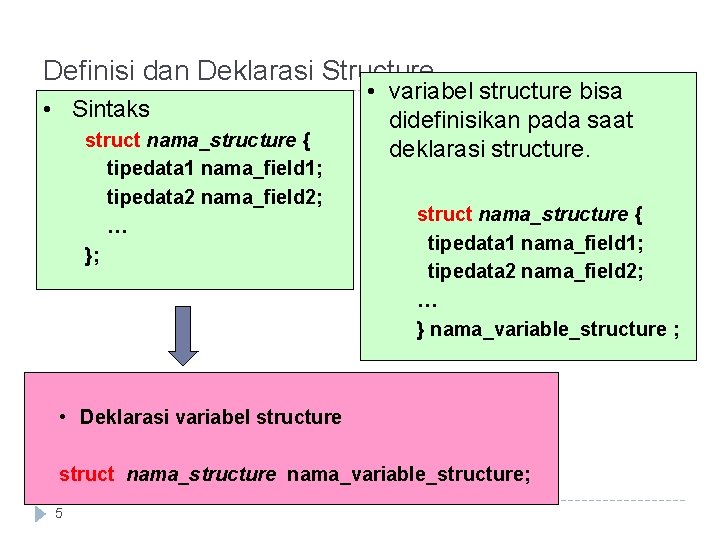 Definisi dan Deklarasi Structure • Sintaks struct nama_structure { tipedata 1 nama_field 1; tipedata Definisi dan Deklarasi Structure • Sintaks struct nama_structure { tipedata 1 nama_field 1; tipedata