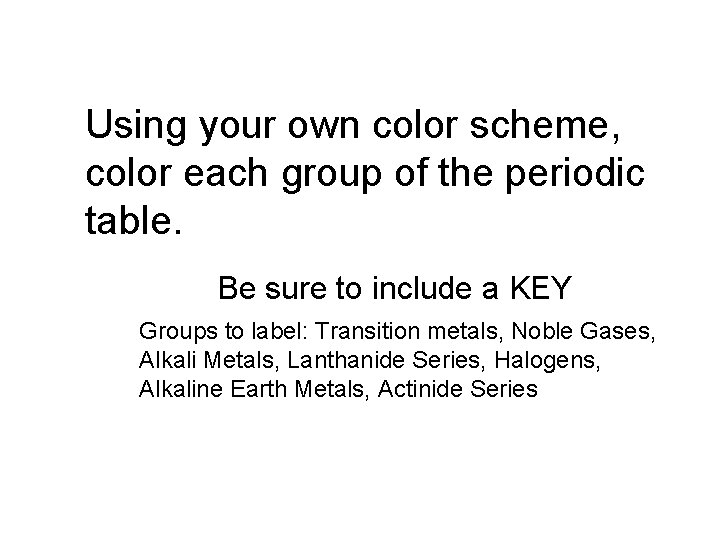 Using your own color scheme, color each group of the periodic table. Be sure