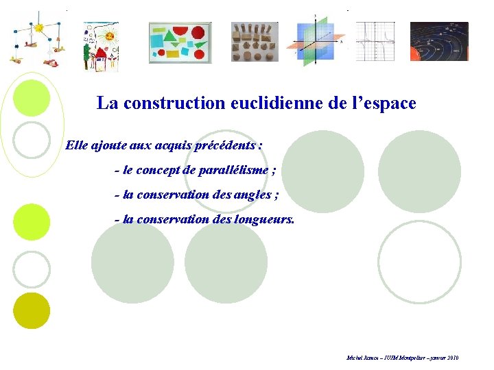 La construction euclidienne de l’espace Elle ajoute aux acquis précédents : - le concept