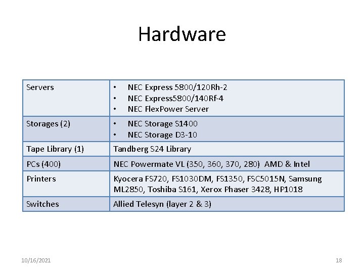 Hardware Servers • • • NEC Express 5800/120 Rh-2 NEC Express 5800/140 Rf-4 NEC