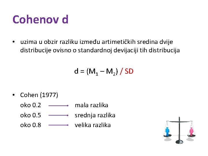 Cohenov d • uzima u obzir razliku između artimetičkih sredina dvije distribucije ovisno o