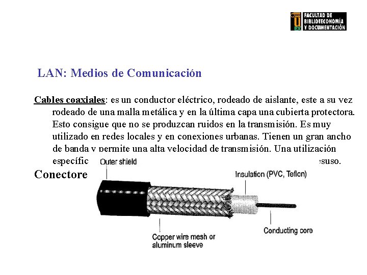 LAN: Medios de Comunicación Cables coaxiales: es un conductor eléctrico, rodeado de aislante, este