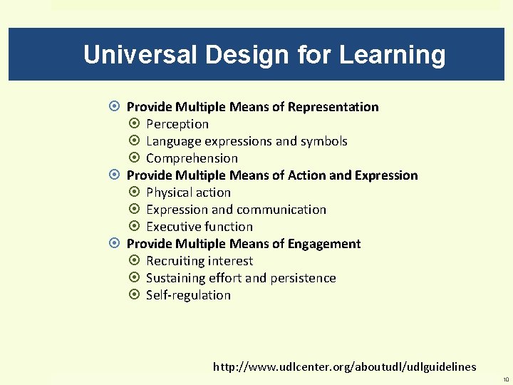 Universal Design for Learning Provide Multiple Means of Representation Perception Language expressions and symbols