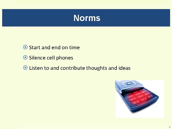 Norms Start and end on time Silence cell phones Listen to and contribute thoughts