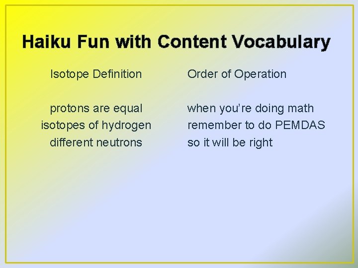 Haiku Fun with Content Vocabulary Isotope Definition protons are equal isotopes of hydrogen different