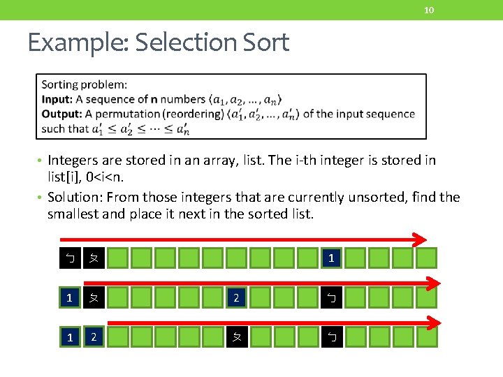 10 Example: Selection Sort • Integers are stored in an array, list. The i-th