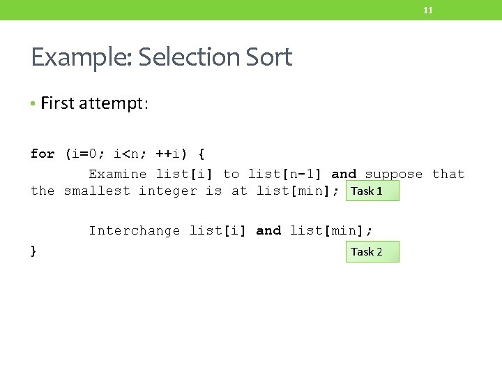 11 Example: Selection Sort • First attempt: for (i=0; i<n; ++i) { Examine list[i]