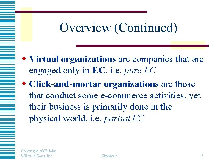 Overview (Continued) w Virtual organizations are companies that are engaged only in EC. i.