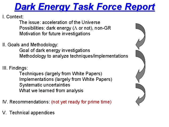 Dark Energy Task Force Report I. Context: The issue: acceleration of the Universe Possibilities: