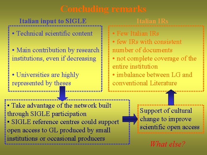 Concluding remarks Italian input to SIGLE • Technical scientific content • Main contribution by