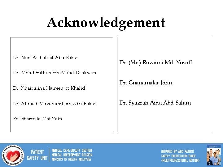 Acknowledgement Dr. Nor ‘Aishah bt Abu Bakar Dr. (Mr. ) Ruzaimi Md. Yusoff Dr.