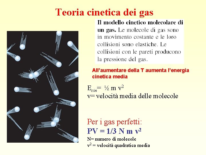 Teoria cinetica dei gas All’aumentare della T aumenta l’energia cinetica media Ecin= ½ m