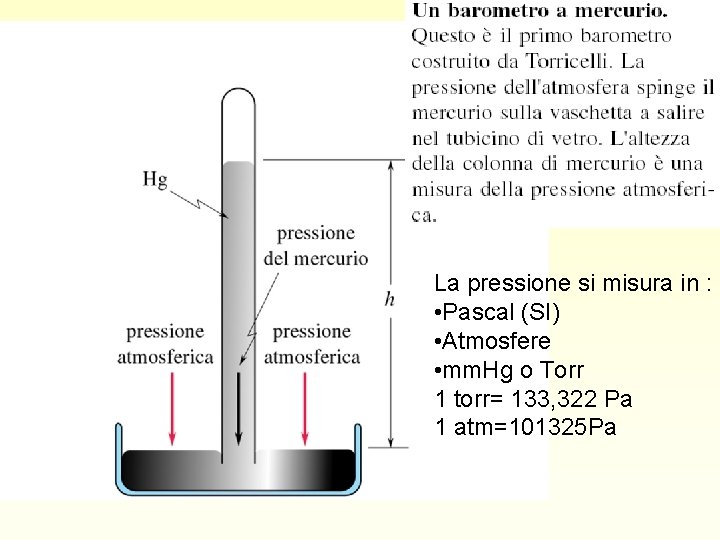 La pressione si misura in : • Pascal (SI) • Atmosfere • mm. Hg