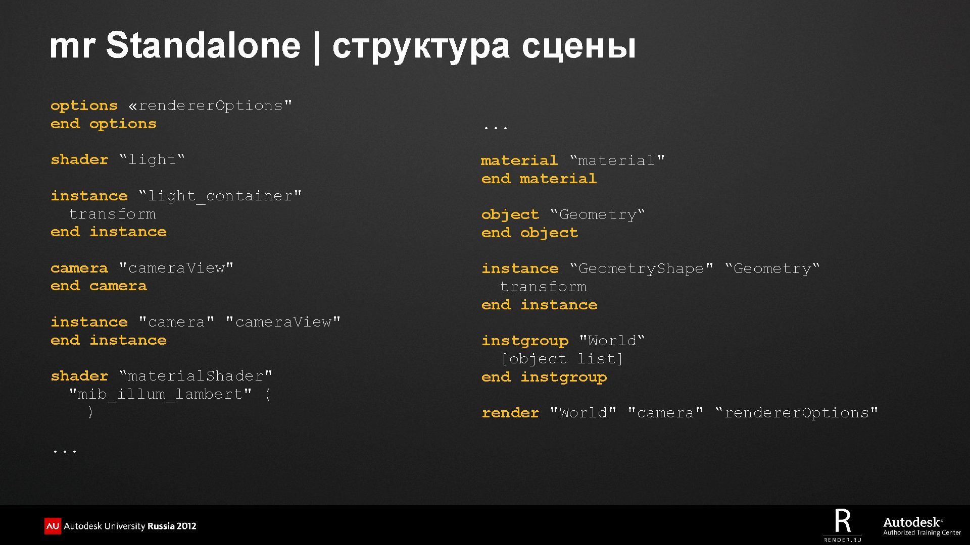 mr Standalone | структура сцены options «renderer. Options" end options shader “light“ instance “light_container"