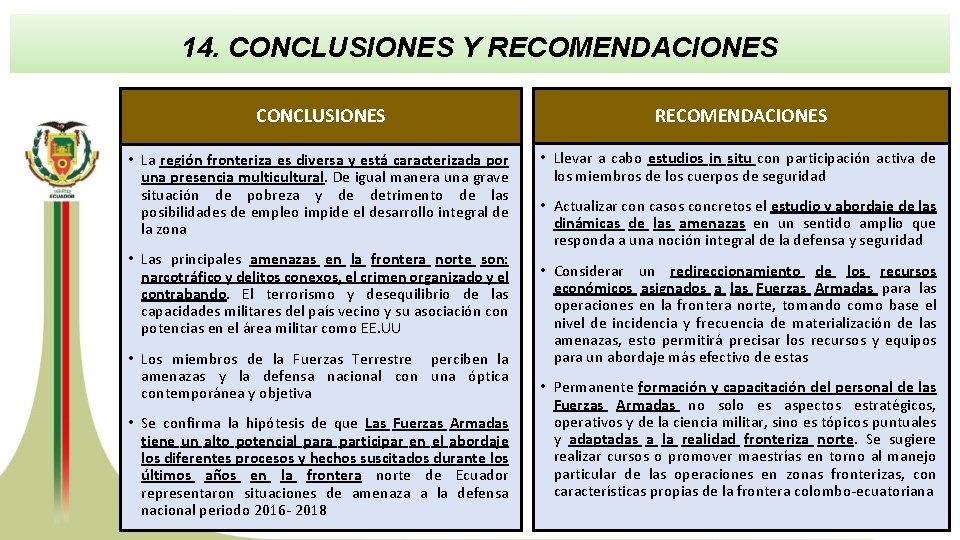 14. CONCLUSIONES Y RECOMENDACIONES CONCLUSIONES RECOMENDACIONES • La región fronteriza es diversa y está