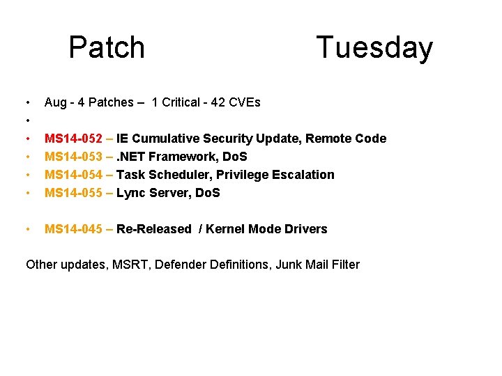 Patch Tuesday • • • Aug - 4 Patches – 1 Critical - 42