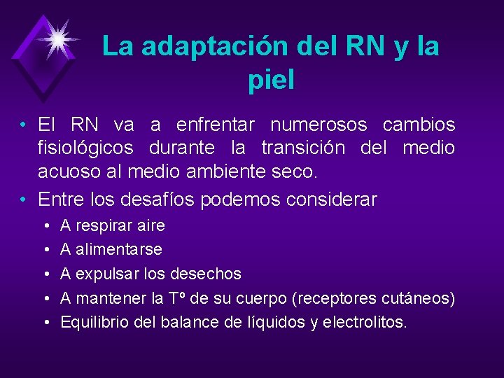 La adaptación del RN y la piel • El RN va a enfrentar numerosos