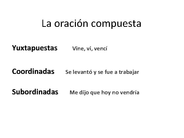 La oración compuesta Yuxtapuestas Coordinadas Subordinadas Vine, vi, vencí Se levantó y se fue